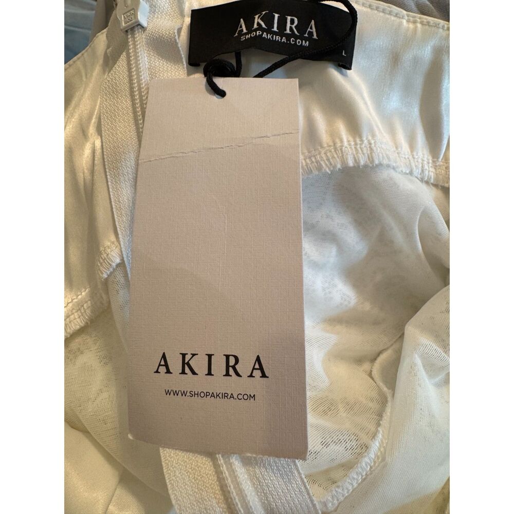 AKIRA White Satin Lace Mini Dress Ruffle Side Trains Bridal Prom Size L NWT - Picture 5 of 14